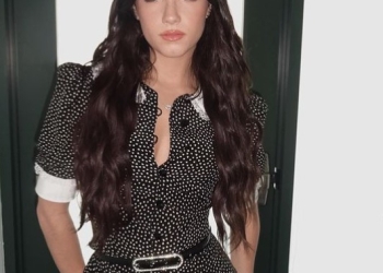 Charlie D'Amelio posing in a black white dotted dress