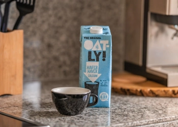 Oat milk packing on a table top